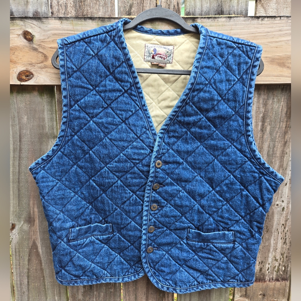 Vintage Mens Ducks Unlimited Medium Vest Cotton Denim Tan Quilted Button Front